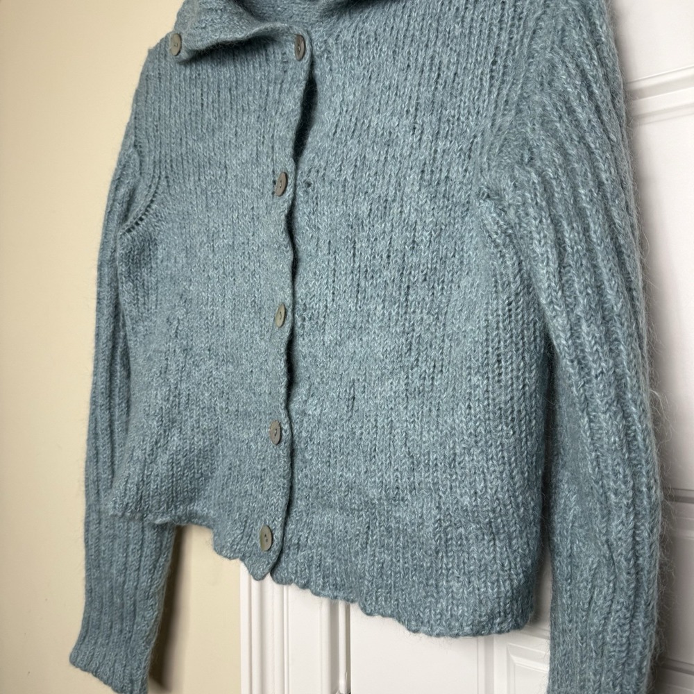 Margaret O'Leary Mohair Blend Cardigan Sweater Womens Medium Blue Abalone Button - Picture 3 of 9